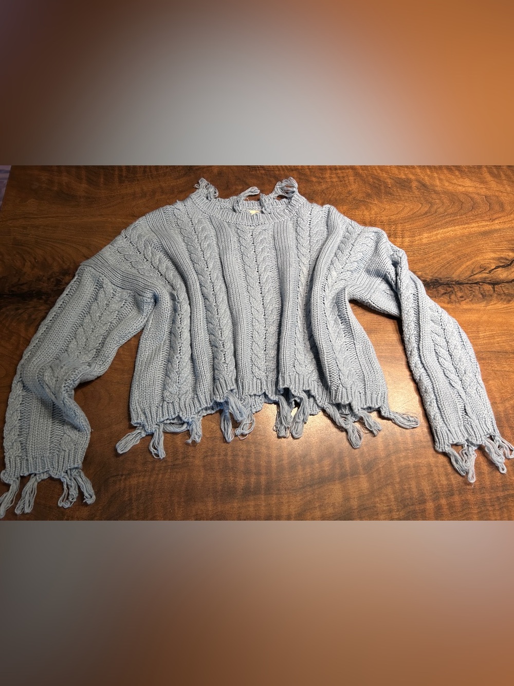 Altar'd State Cable Knit Frayed Cropped Crewneck Sweater